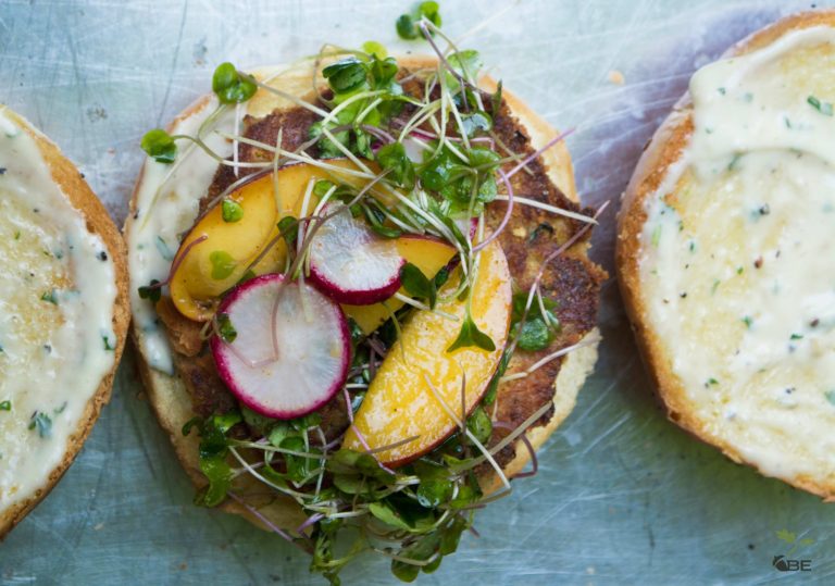 OpenFaced Crab Cake Sandwich with NectarineRadish Salad Be the
