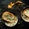 Mushroom Kale Sausage Cream Soup in Copper Pots