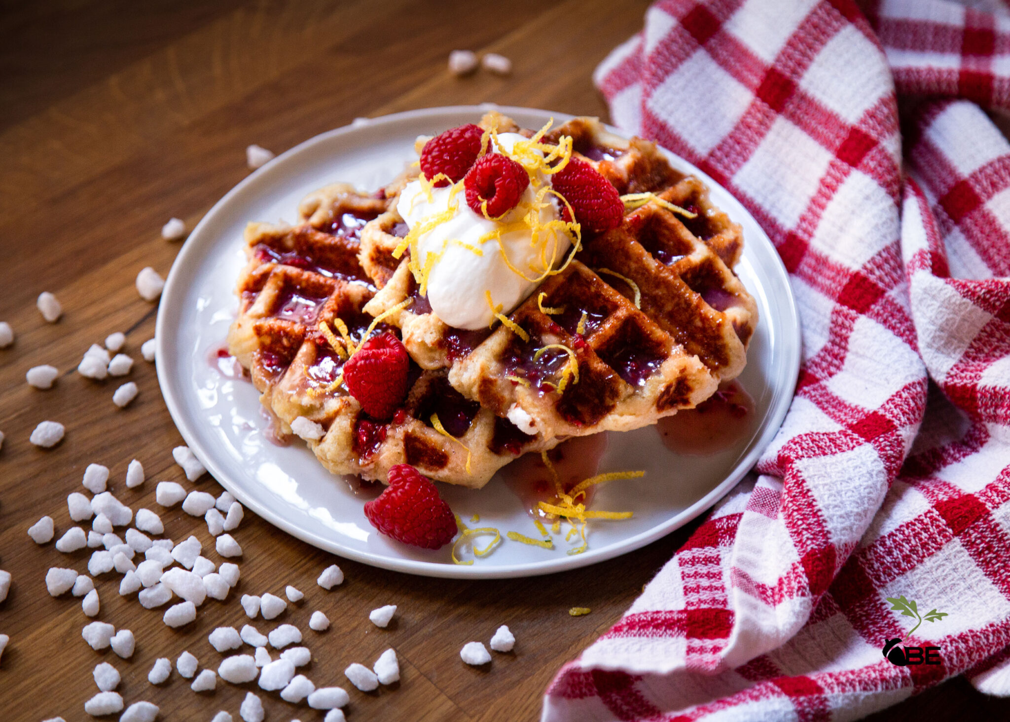 Liège Waffles with Raspberry Buttermilk Syrup & Sour Whipped Cream Be