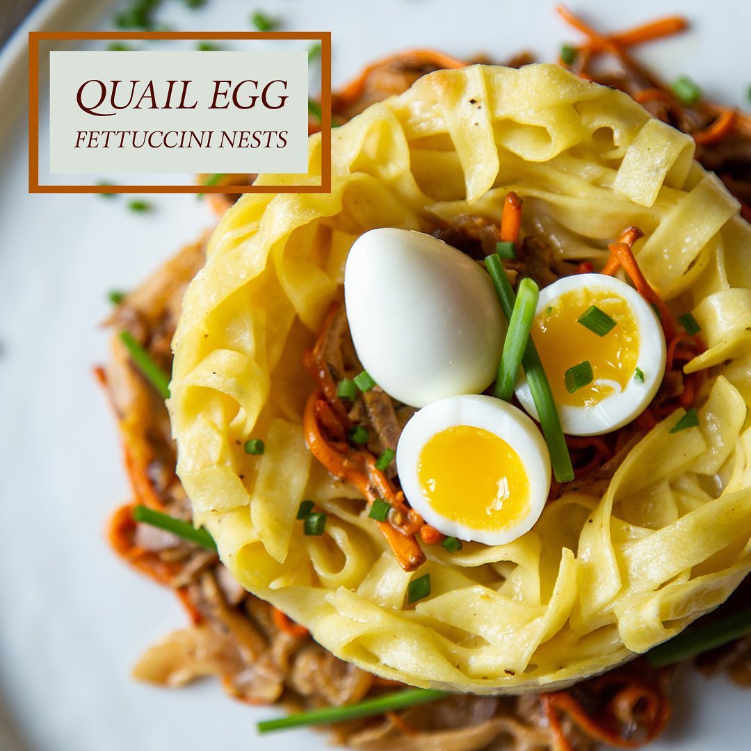 This dish beautifully celebrates spring. The creamy quail eggs atop a a delicate fettuccini nest, with a light mushroom sauce and fresh peppery chives, satisfies both the aesthetic eye and gourmet palette. Welcome to spring!
#spring #pasta #fettuccine #quail #quaileggs #nest #taste #tastethebeautifullife #be #beautiful #life #bethebeautifullife #gourmet #recipe